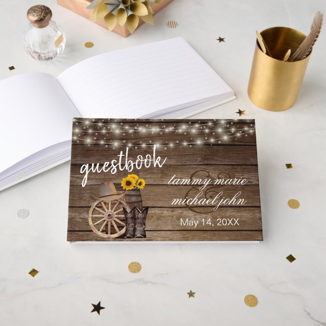 Country Wood Barrel mit Sonnenblumen Gästebuch (Vorderseite Offen)