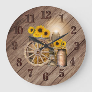 Country Wood Barrel und Sonnenblumen Große Wanduhr