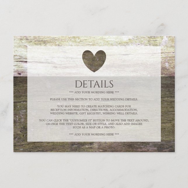 Country Wood Heart Details zur Hochzeit Begleitkarte (Vorderseite)