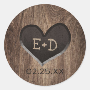 Country Wood Heart Monogram Rustic Wedding Runder Aufkleber