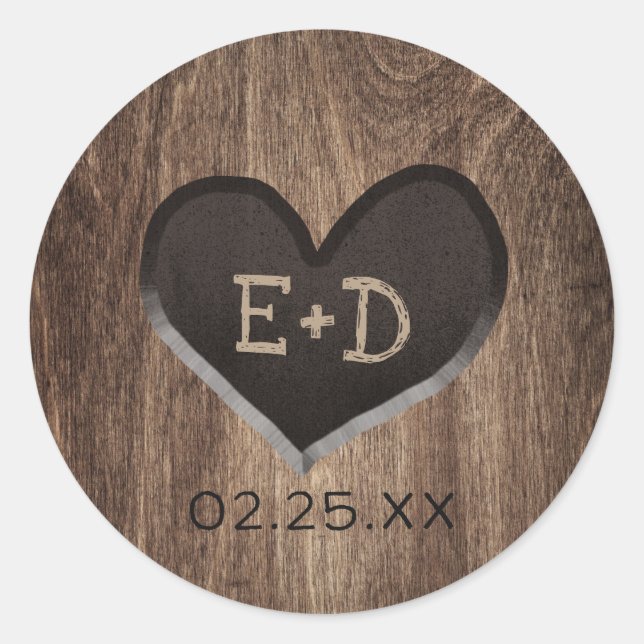 Country Wood Heart Monogram Rustic Wedding Runder Aufkleber (Vorderseite)