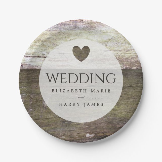 Country Wood Heart Wedding Pappteller (Vorderseite)