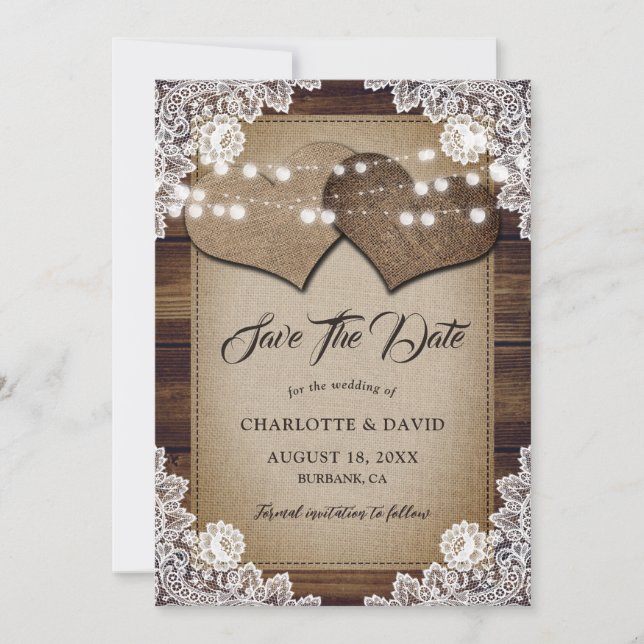 Country Wood String Lights Burlap Lace Wedding Save The Date (Vorderseite)