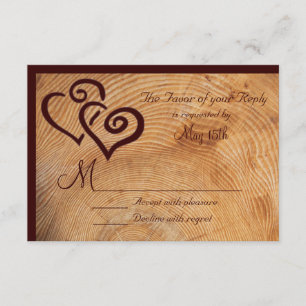 Country Wood Tree Rings Double Hearts Wedding RSVP
