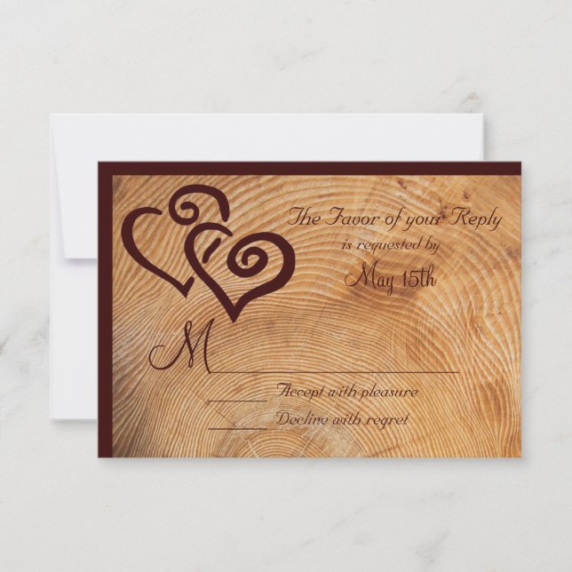 Country Wood Tree Rings Double Hearts Wedding RSVP (Vorderseite)