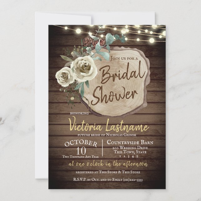 Country Wood Tree Slice rustikale String Lights Einladung (Vorderseite)