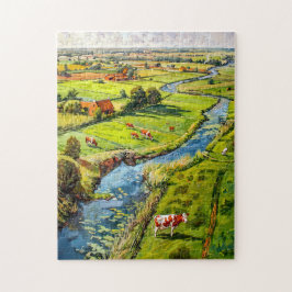 Countryside with Cows and Stream Fantasy Painting Puzzle