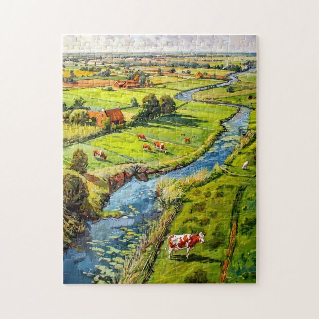 Countryside with Cows and Stream Fantasy Painting Puzzle (Vertikal)