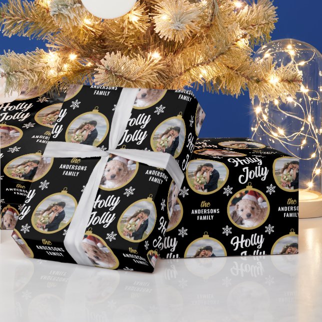 Couple 2 Fotos Weihnachten Modernes Schwarz Geschenkpapier (Feiertage)