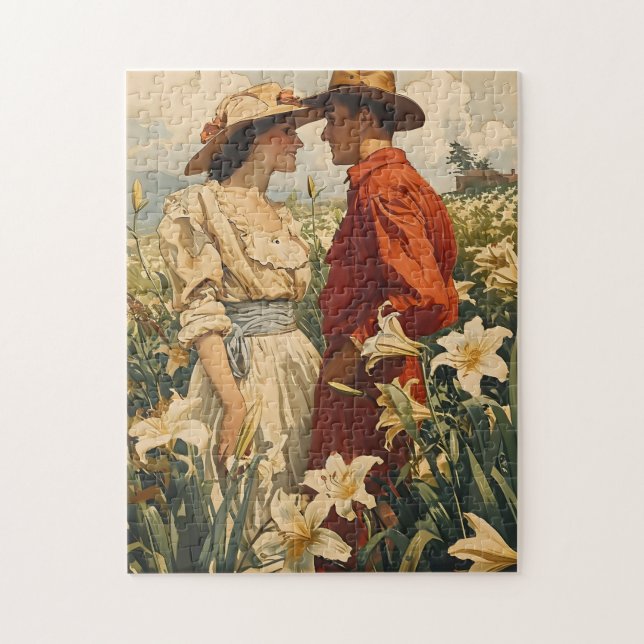 Couple Amidst White Lilies romantisch Vintag Puzzle (Vertikal)