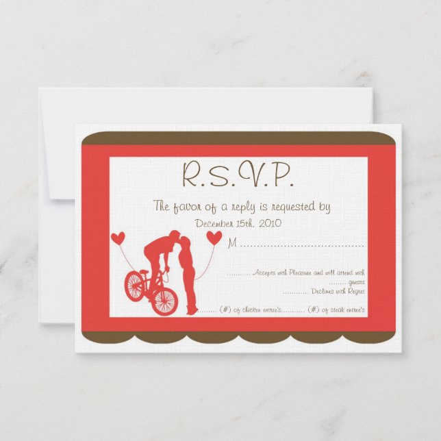 Couple Bike Red/Brown Wedding RSVP Einladung (Vorderseite)