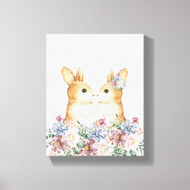 Couple Bunny Blume Holz Kinderzimmer Dekoration Leinwanddruck (Vorderseite)