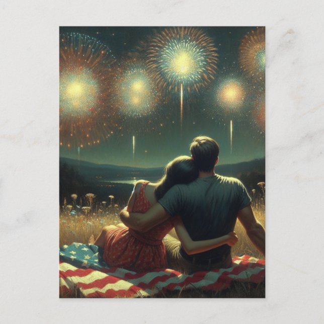 Couple Cuddling unter dem Amerikanische Unabhängig Postkarte (Vorderseite)