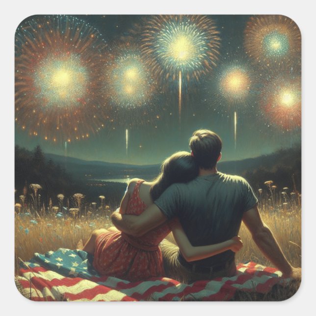 Couple Cuddling unter dem Amerikanische Unabhängig Quadratischer Aufkleber (Vorderseite)