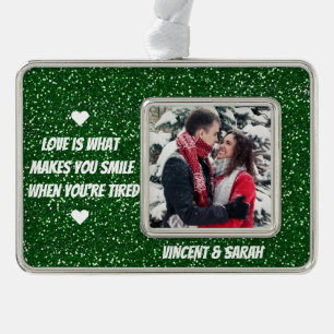 Couple Custom Foto, Name und Liebe Quote Glitzer Rahmen-Ornament Silber