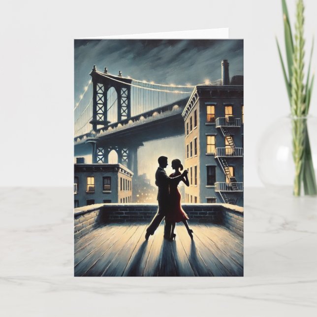 Couple Dancing mit Brooklyn Bridge Feiertagskarte (Vorderseite)