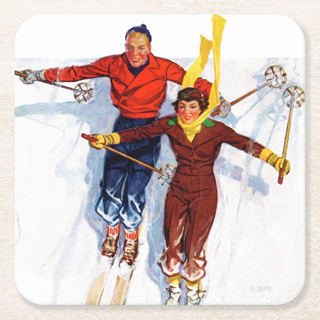 Couple Downhill Skiing Rechteckiger Pappuntersetzer (Vorderseite)