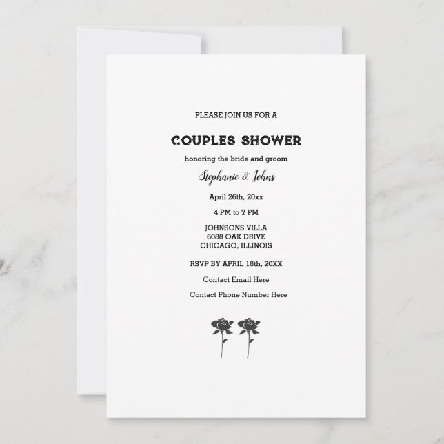 Couple Dusche Schwarz-weiß floral Simple Wedding Einladung (Vorderseite)
