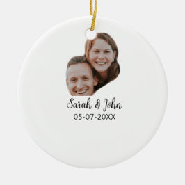 Couple face photo add name date simple wedding  keramik ornament