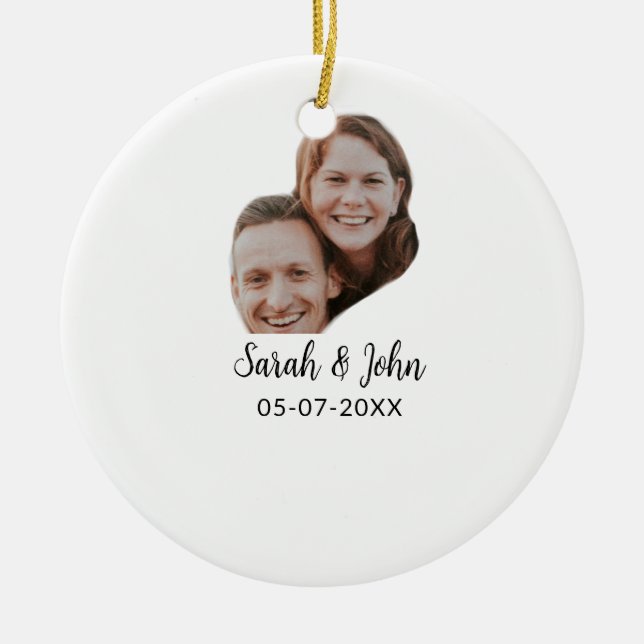 Couple face photo add name date simple wedding  keramik ornament (Vorne)