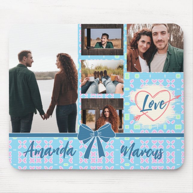 Couple Foto Collage Liebe Blaues Muster Mousepad (Vorne)