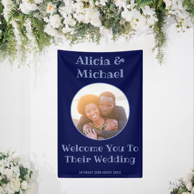 Couple Foto Navy Blue Wedding Willkommen Banner (Wedding Welcome Vertical Banner)