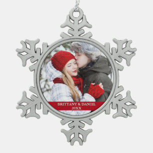 Couple Foto Red Snowflake Schneeflocken Zinn-Ornament