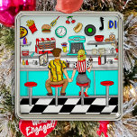 Couple Holding Hands in den 1950er Jahren zu Weihn Ornament Aus Metall<br><div class="desc">Weihnachtsornament. Handgezeichnete Digitalkunst,  junges,  nostalgisches Ehepaar,  das an einem Abendessen mit Händen sitzt und einen Milchshake trinkt,  jung und in Liebe.</div>