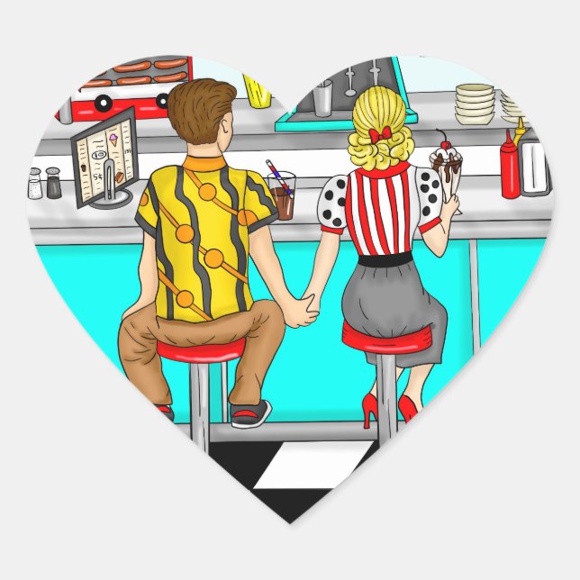 Couple Holding Hands in Diner aus den 50er Jahren Herz-Aufkleber (Vorderseite)