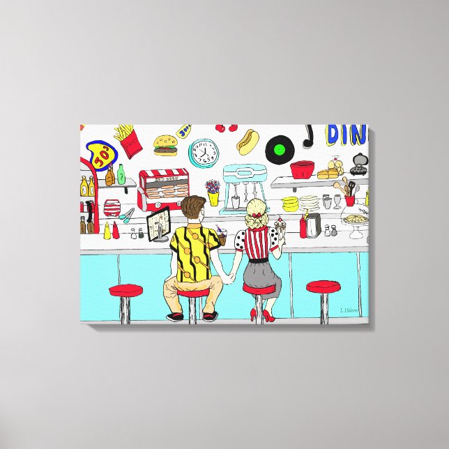 Couple Holding Hands in Diner aus den 50er Jahren Leinwanddruck (Vorderseite)
