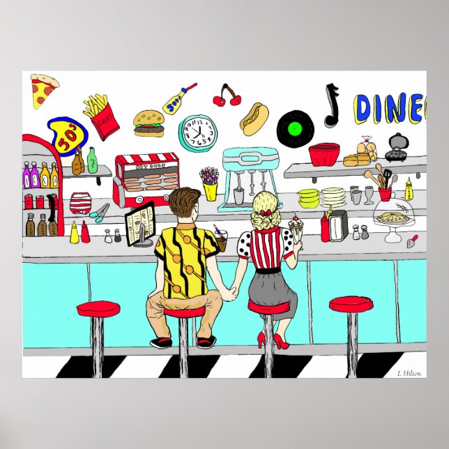 Couple Holding Hands in Diner aus den 50er Jahren Poster (Vorne)