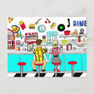 Couple Holding Hands in Diner aus den 50er Jahren Postkarte
