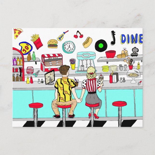 Couple Holding Hands in Diner aus den 50er Jahren Postkarte (Vorderseite)
