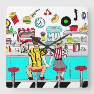 Couple Holding Hands in Diner aus den 50er Jahren Quadratische Wanduhr