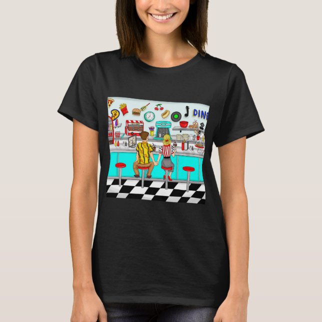 Couple Holding Hands in Diner aus den 50er Jahren T-Shirt (Vorderseite)