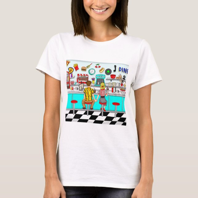 Couple Holding Hands in Diner aus den 50er Jahren T-Shirt (Vorderseite)
