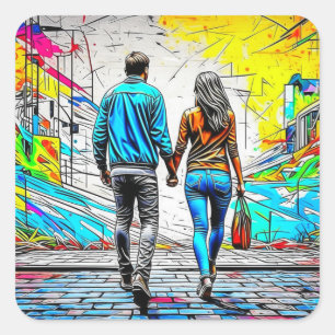 Couple Holding Hands Urban Graffiti Art Quadratischer Aufkleber