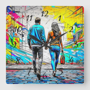 Couple Holding Hands Urban Street Art Quadratische Wanduhr