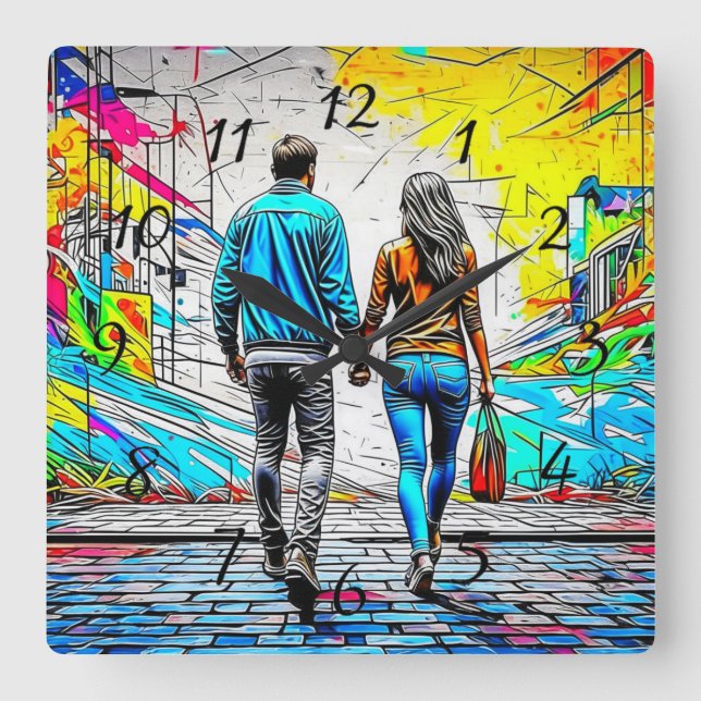 Couple Holding Hands Urban Street Art Quadratische Wanduhr (Vorderseite)