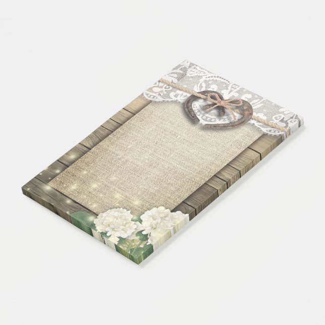 Couple Horseshoe Heart Lace Hydrangea Wood Wedding Post-it Klebezettel (angewinkelt)