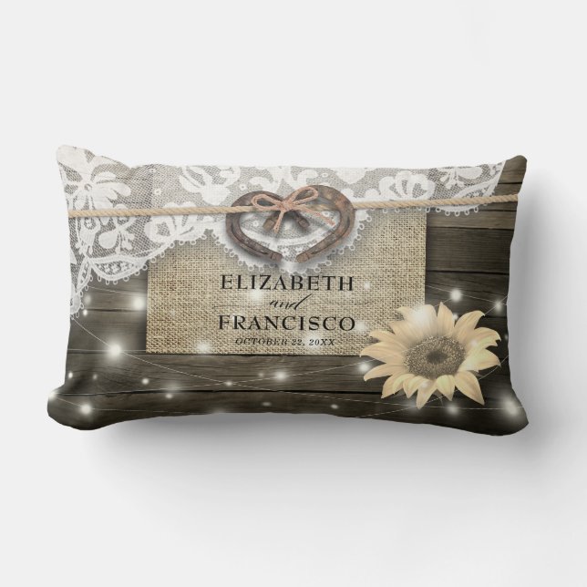 Couple Horseshoe Heart Lace Sunflower Wood Wedding Lendenkissen (Vorderseite)