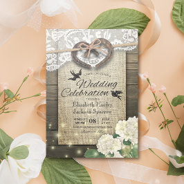 Couple Horseshoe Heart Lace Wood Hydrangea Wedding Einladung