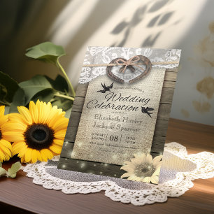 Couple Horseshoe Heart Lace Wood Sunflower Wedding Einladung