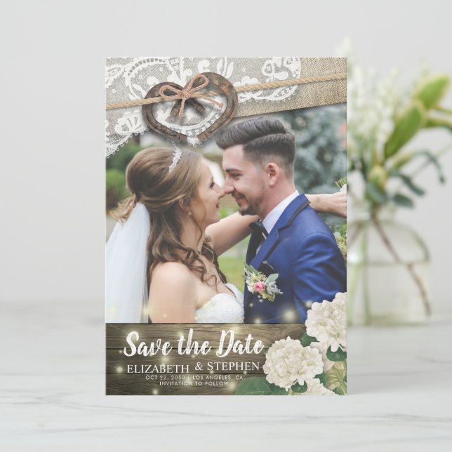 Couple Horseshoe Hydrangea Wedding Rett Date FOTO Save The Date (Stehend Vorderseite)