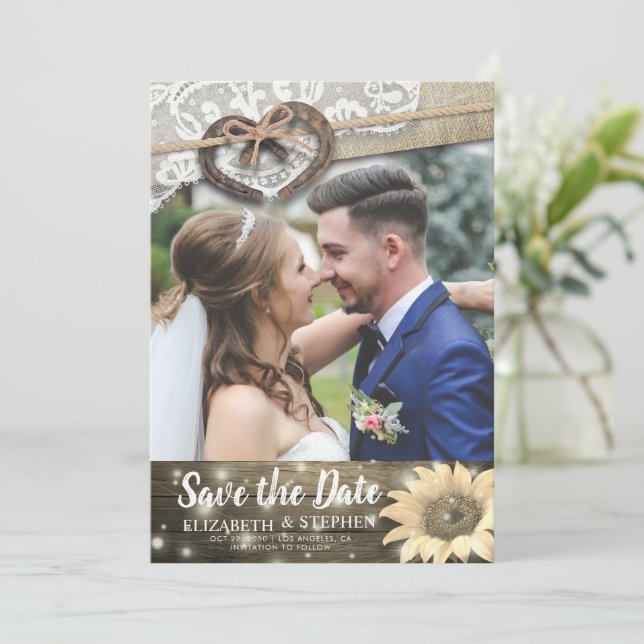 Couple Horseshoe Sunflower Wedding Rett Date FOTO Save The Date (Stehend Vorderseite)