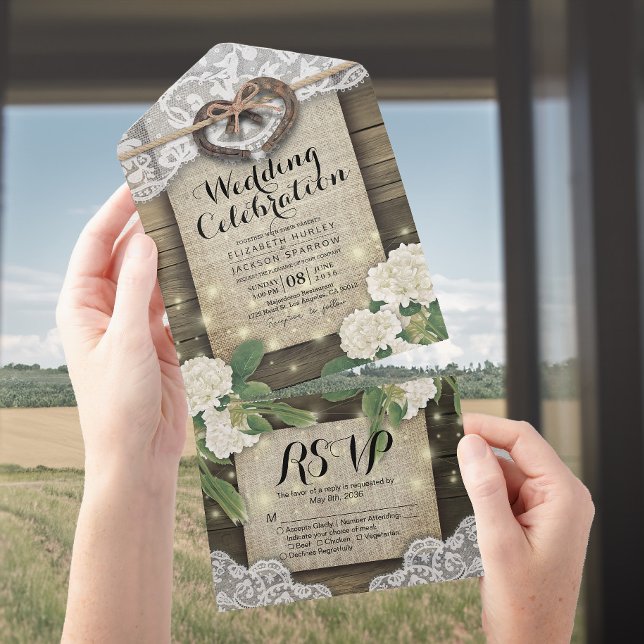 Couple Horseshoes Lace Wood Hydrangea Wedding RSVP All In One Einladung (Von Creator hochgeladen)
