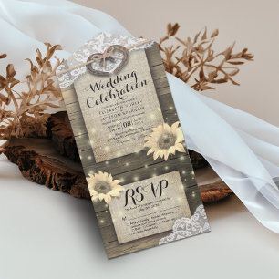 Couple Horseshoes Lace Wood Sunflower Wedding RSVP All In One Einladung