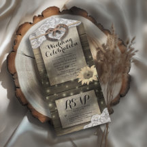 Couple Horseshoes Lace Wood Sunflower Wedding RSVP