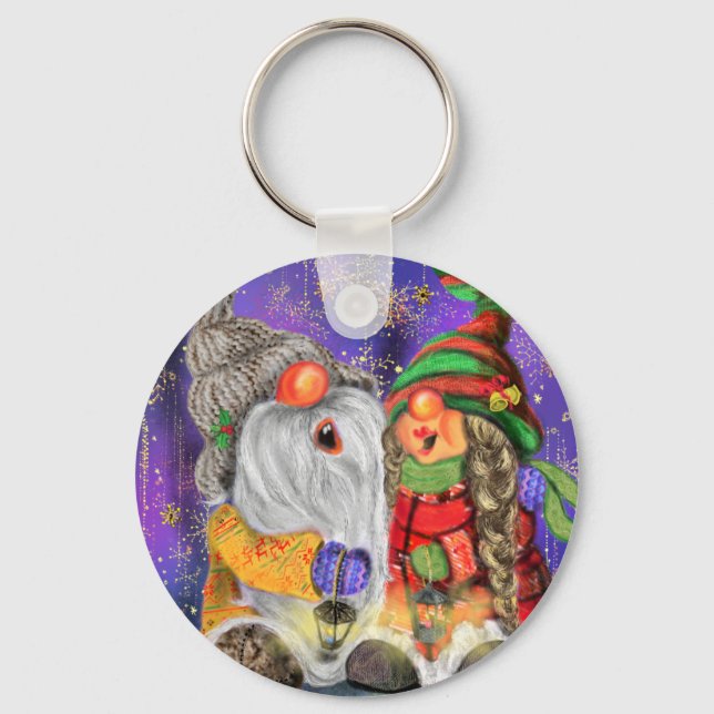 Couple Hugged Gnomes Singing Happy Christmas Song Schlüsselanhänger (Vorderseite)