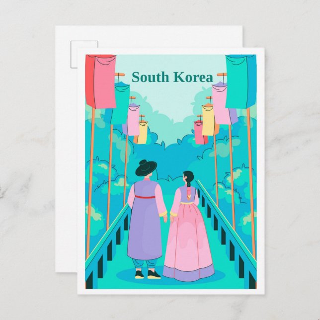 Couple in Seoul South Korea Travel Illustration Postkarte (Vorne/Hinten)